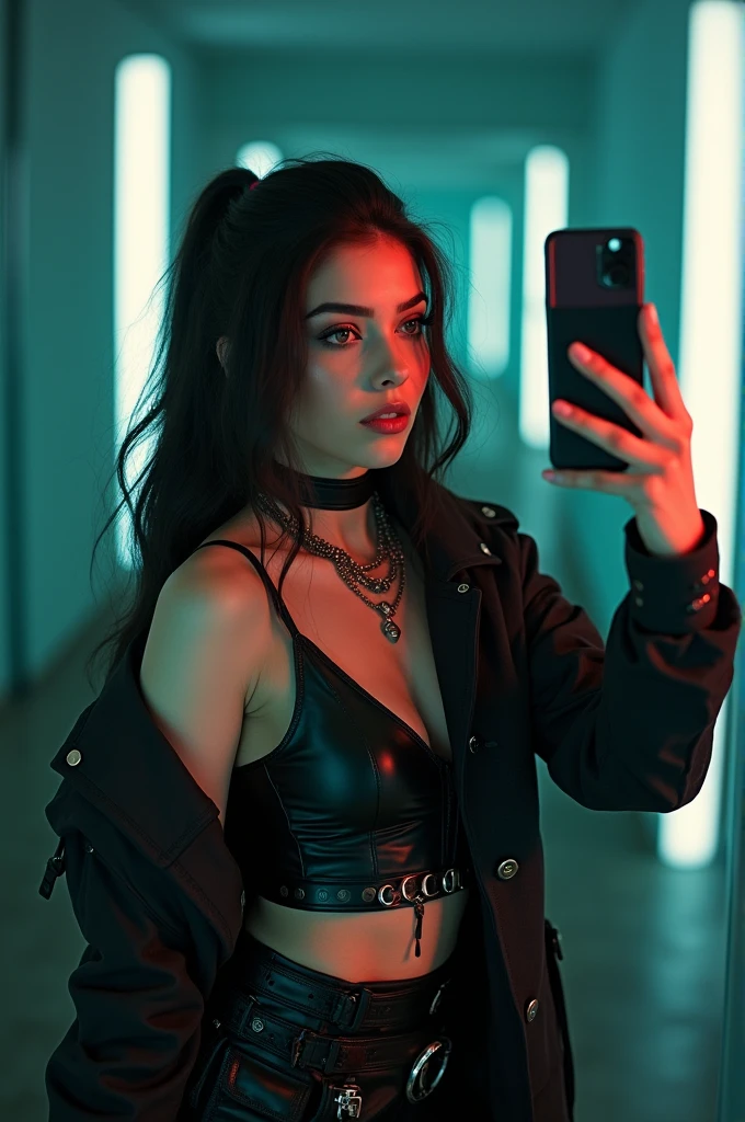 
there is a woman taking a selfie in a mirror, outfit photo, sexy outfit, cybergoth, cyberpunk))), cyberpunk outfit, 2263539546], very sexy outfit, 18 years old, cyberpunk style outfit, taken in 2 0 2 0, cyberpunk))))), army girl outfit, gothic outfit,
