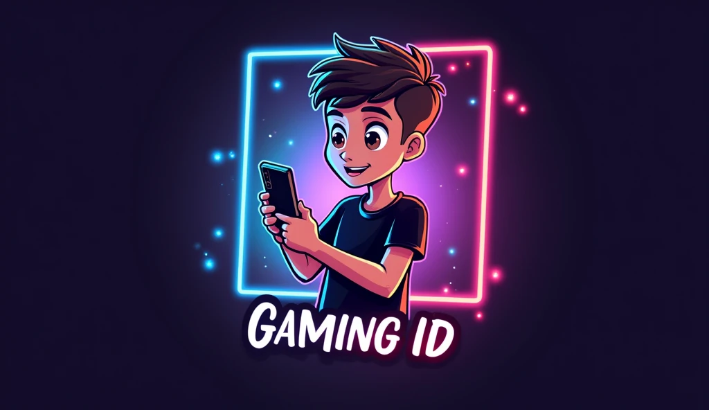 Logo modern dengan elemen kreatif disertai frame dan background warna neon, dengan maskot kartun anak laki-laki, model rambut undercut hitam, memakai kaos, sedang bermain game di handphone yang landscape dengan tulisan 'STING GAMING ID'.
