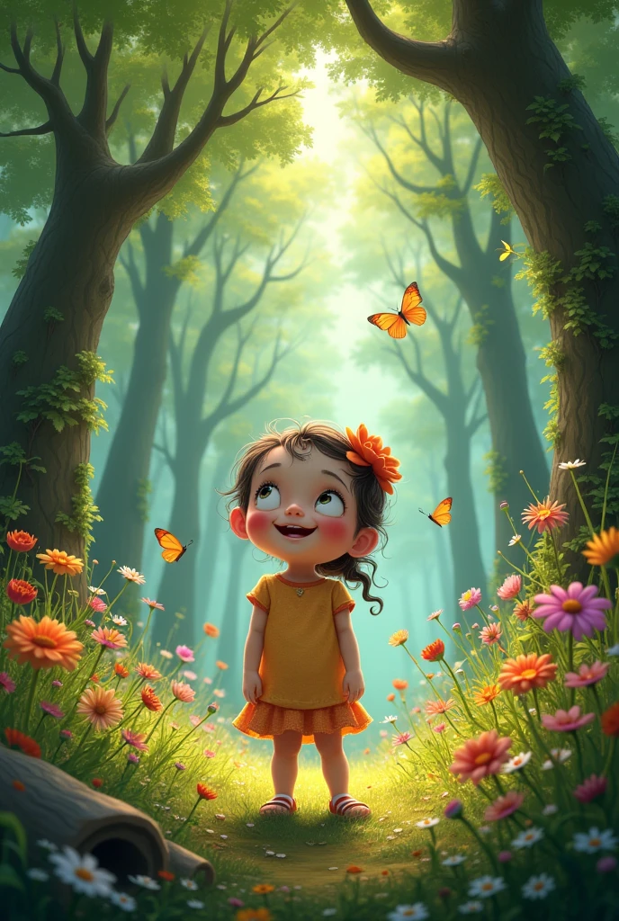 A 4-year-old girl in a lush forest, where the trees reached for the sky and the flowers shone with colors