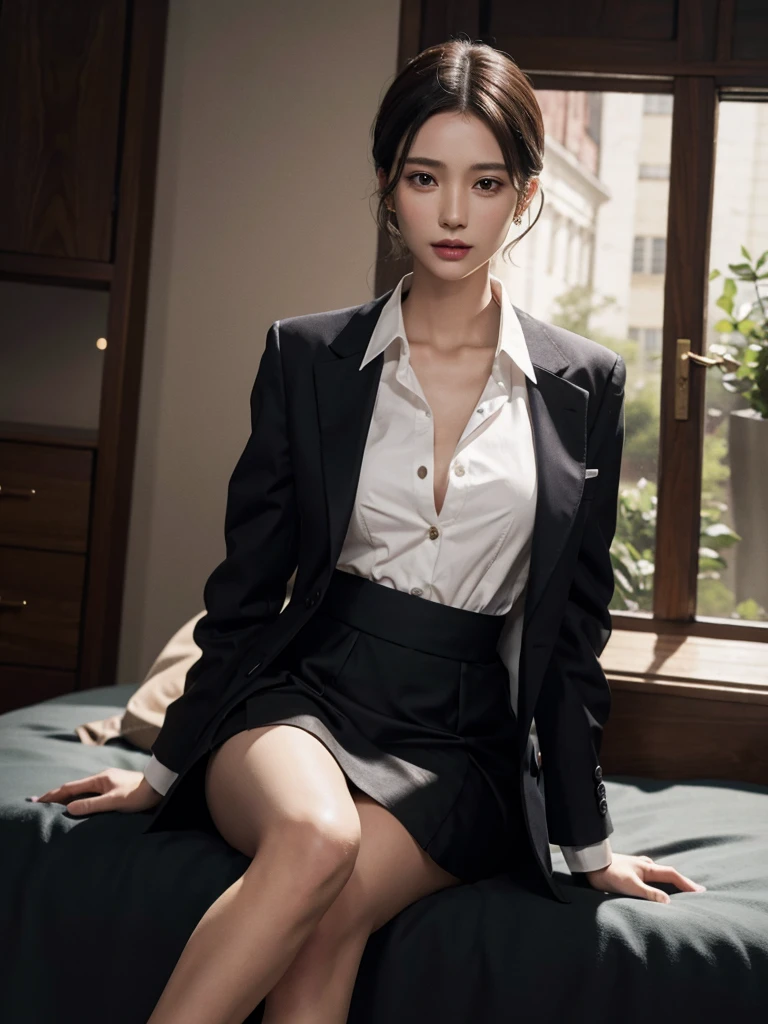 absurdres, RAW photo, extremely delicate and beautiful, masterpiece, Best Quality, ultra high resolution, 32k, hyper realistic, ultra-detailed, Very detailed CG 8k wallpaper, detailed background, landscape, Beautiful Lighting, Perfect Lightning, Realistic Shadows, perfect anatomy, anatomically correct, ideal ratio body proportions, perfect figure, Perfect Style, Perfect balance, super Detailed skin, in her 30s, very Slim body, narrow waist, very small head, very small face, delicate facial features, handsome detailed woman, very detailed eyes and face, realistic face proportions, Realistic beautiful face, Realistic beautiful eyes, tearful mole, earring, very huge round tits, medium short hair, asymmetrical hair, wavy hair, indoor, jacket blazer, skirt, (collared shirt), dress shirt, foot, clavicle,