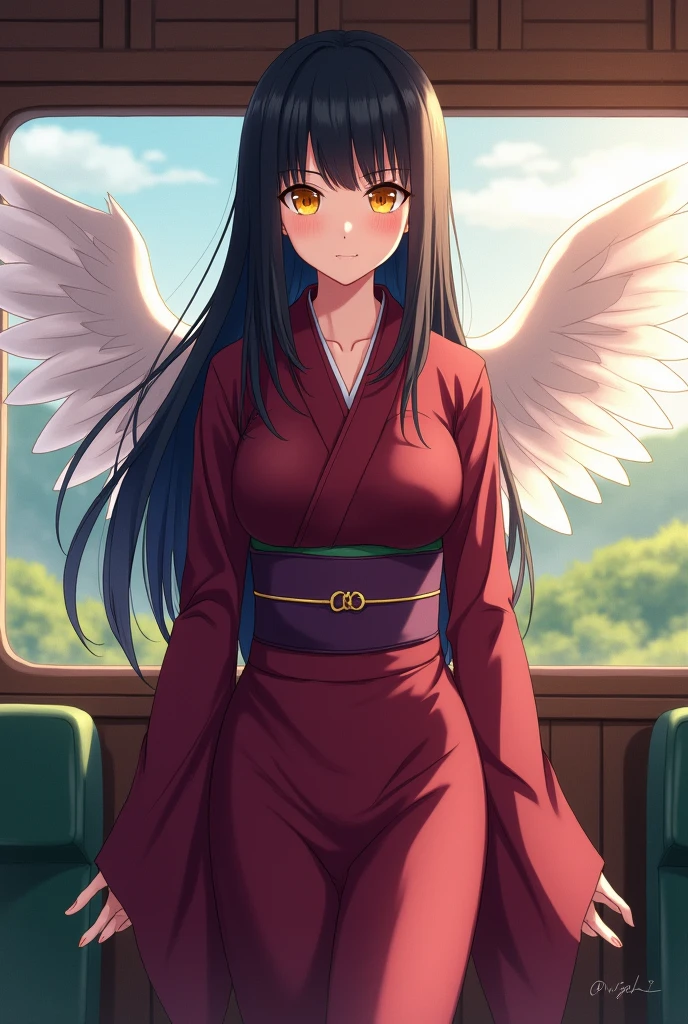 Anime, Japanese, kimono, yellow eyes, black hair, translucent white wings behind, maroon clothes, olive green hakama, female, large breasts "Long hair center part" "Landscape"Olive green seats on the train Wooden walls Smiling