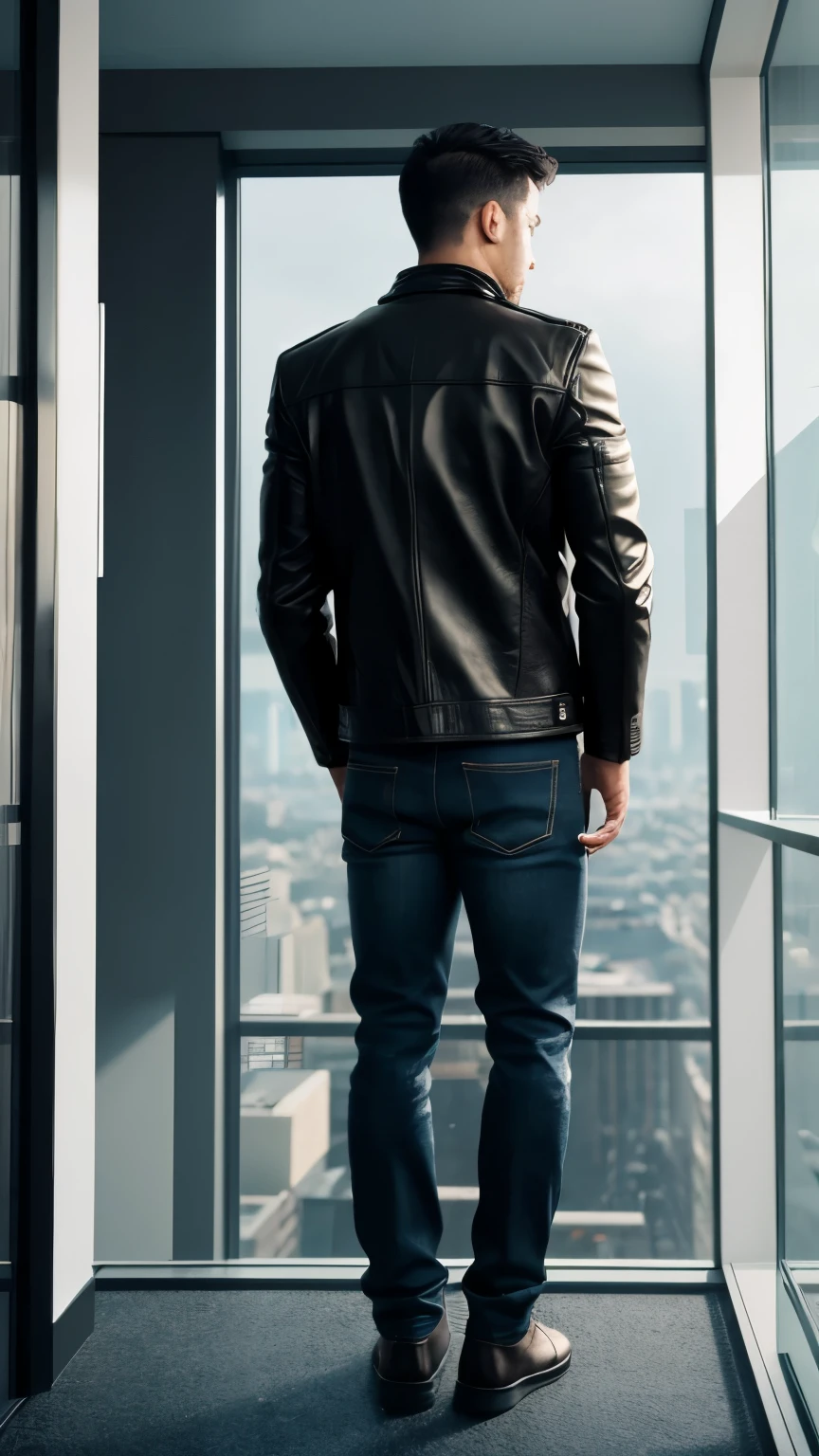 there is a man standing in front of a window looking out at the city, cinematic full shot, photo still of behind view, cinematic medium shot, cinematic full body shot, cinematic detail, cinematic close shot, cinematic stillframe, 2 0 2 1 cinematic 4 k framegrab, shot from cinematic, neo noir style, with his back to the viewer, cinematic long shot, man with a leather jacket stand, full body, social shoes
