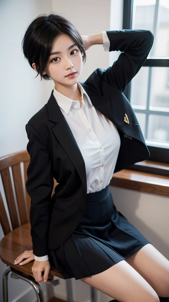 1girl, black hair, short hair, huge breast, asian, school uniform, looking at viewer, sexy pose