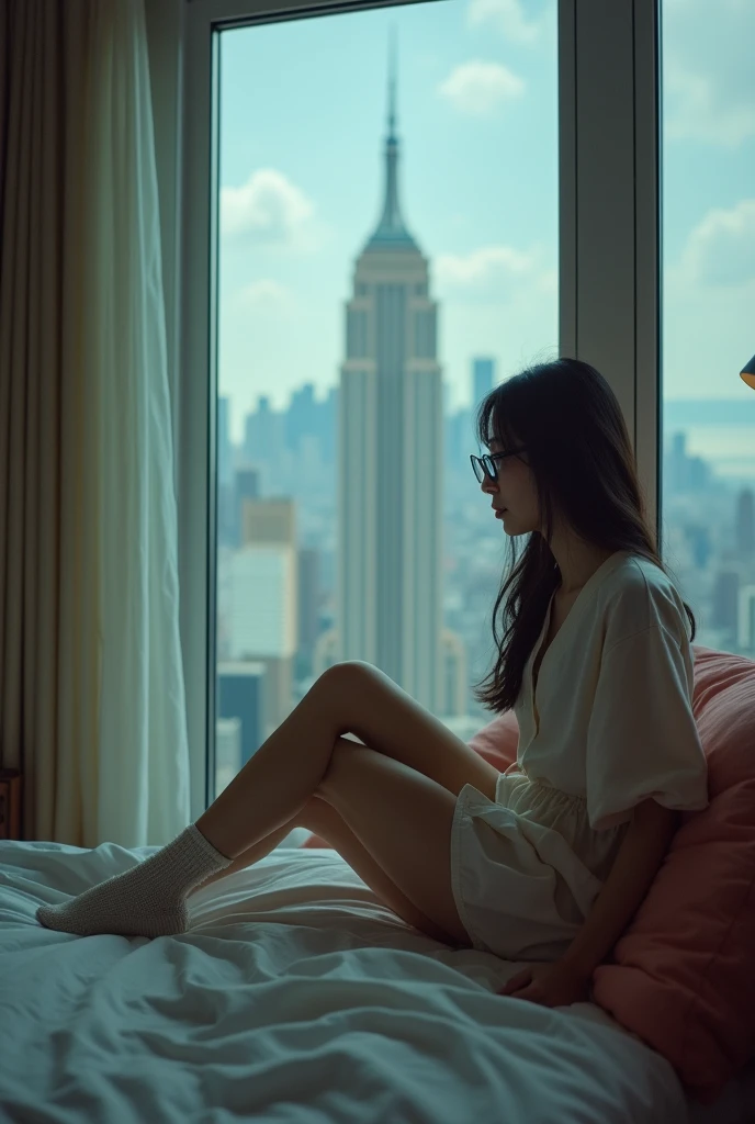 （8k，Movie，16mm wide-angle lens，Aperture 8，Multi-angle shooting，Rich in details ）Chinese，ASİAN，in a New York office building ，secretary，wear glasses，Cool colors，miniskirt，High heel，exposed，sexy socks，Expose，Expose Lingerie，A large hotel room，Lying in bed，，Flirty，romantic，Sexy woman，White，Looking out the window，Troubled woman，30 years old
