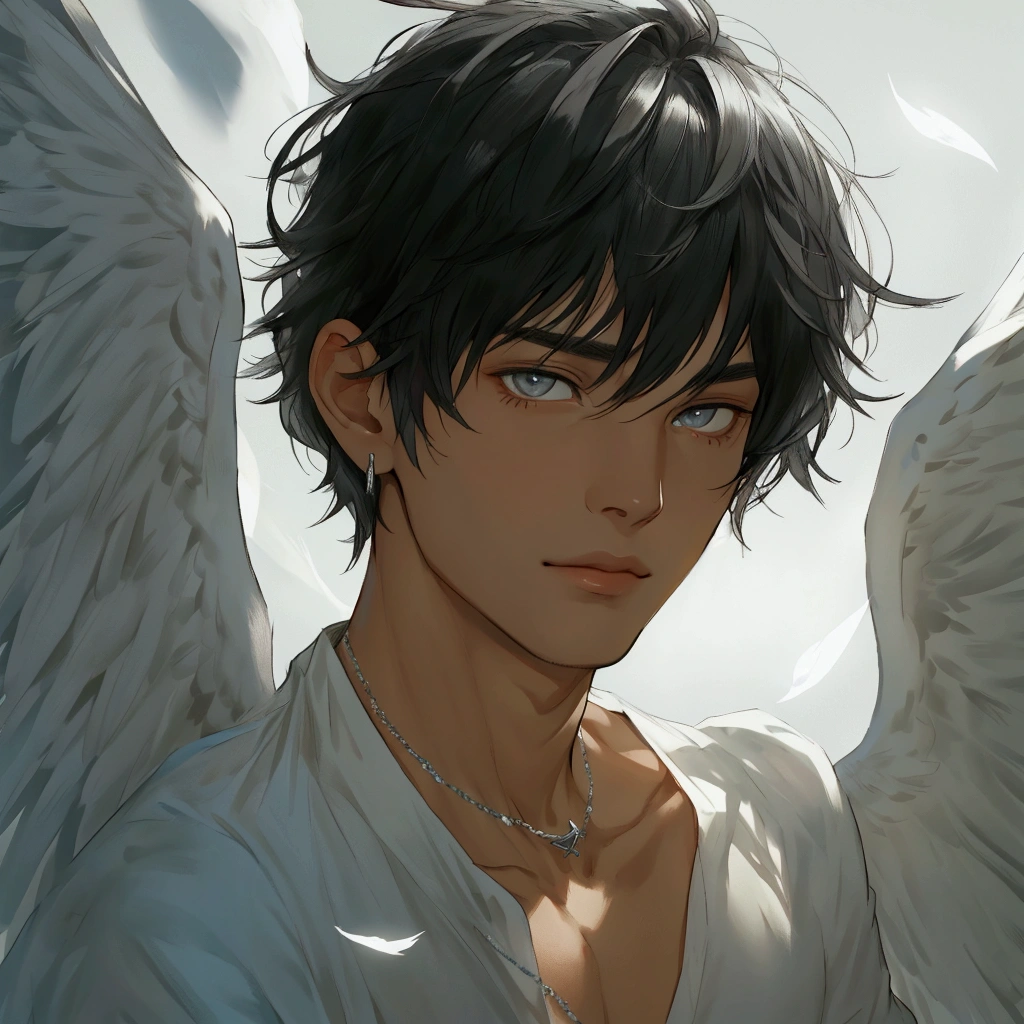 black hair, Solo male, silver Jewelry , close up, camera POV, basic white shirt , half body , emotionless face, big white wings