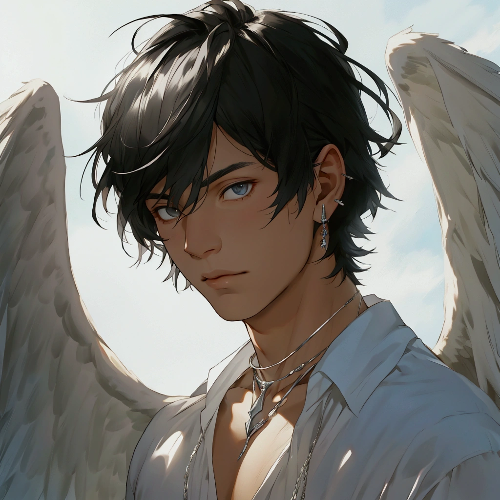 black hair, Solo male, silver Jewelry , close up, camera POV, basic white shirt , half body , emotionless face, big white wings