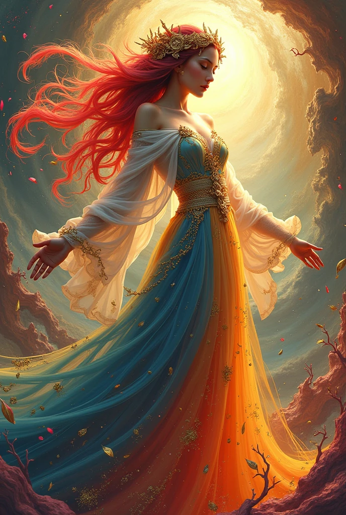 (Goddess of Art:1.4), (masterpiece:1.4, best quality), (photo realistic:1.4), ethereal and inspiring appearance, embodying creativity and beauty, dressed in flowing, artistic robes adorned with intricate patterns and colors that blend seamlessly, (hair styled like flowing brushstrokes, with vibrant hues:1.2), (((eyes reflecting the colors of a painter's palette, filled with passion and inspiration:1.2))), holding a paintbrush or palette that radiates with the colors of the rainbow, surrounded by swirling artistic elements like splashes of paint, musical notes, and sculpted forms, (background of a dreamlike studio or a cosmic canvas filled with abstract shapes and vibrant colors:1.2), (soft, warm lighting that enhances her creative aura and the dynamic art around her:1.4), (elegant and graceful pose that conveys her mastery over all forms of art:1.2), rich textures, vibrant and dynamic colors, (bold reds:1.2), (golden yellows:1.2), (deep blues:1.2), (dynamic composition with flowing lines and a sense of creativity and movement:1.2), high-quality and detailed, (awe-inspiring and imaginative atmosphere:1.2), artistic and captivating, perfect image quality, symbolizing creativity, beauty, and the limitless potential of art, captivating and inspirational presence