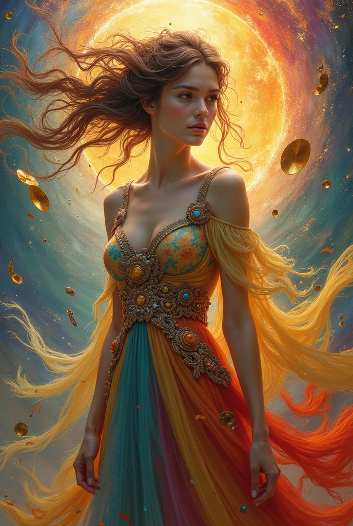 (Goddess of Art:1.4), (masterpiece:1.4, best quality), (photo realistic:1.4), ethereal and inspiring appearance, embodying creativity and beauty, dressed in flowing, artistic robes adorned with intricate patterns and colors that blend seamlessly, (hair styled like flowing brushstrokes, with vibrant hues:1.2), (((eyes reflecting the colors of a painter's palette, filled with passion and inspiration:1.2))), holding a paintbrush or palette that radiates with the colors of the rainbow, surrounded by swirling artistic elements like splashes of paint, musical notes, and sculpted forms, (background of a dreamlike studio or a cosmic canvas filled with abstract shapes and vibrant colors:1.2), (soft, warm lighting that enhances her creative aura and the dynamic art around her:1.4), (elegant and graceful pose that conveys her mastery over all forms of art:1.2), rich textures, vibrant and dynamic colors, (bold reds:1.2), (golden yellows:1.2), (deep blues:1.2), (dynamic composition with flowing lines and a sense of creativity and movement:1.2), high-quality and detailed, (awe-inspiring and imaginative atmosphere:1.2), artistic and captivating, perfect image quality, symbolizing creativity, beauty, and the limitless potential of art, captivating and inspirational presence