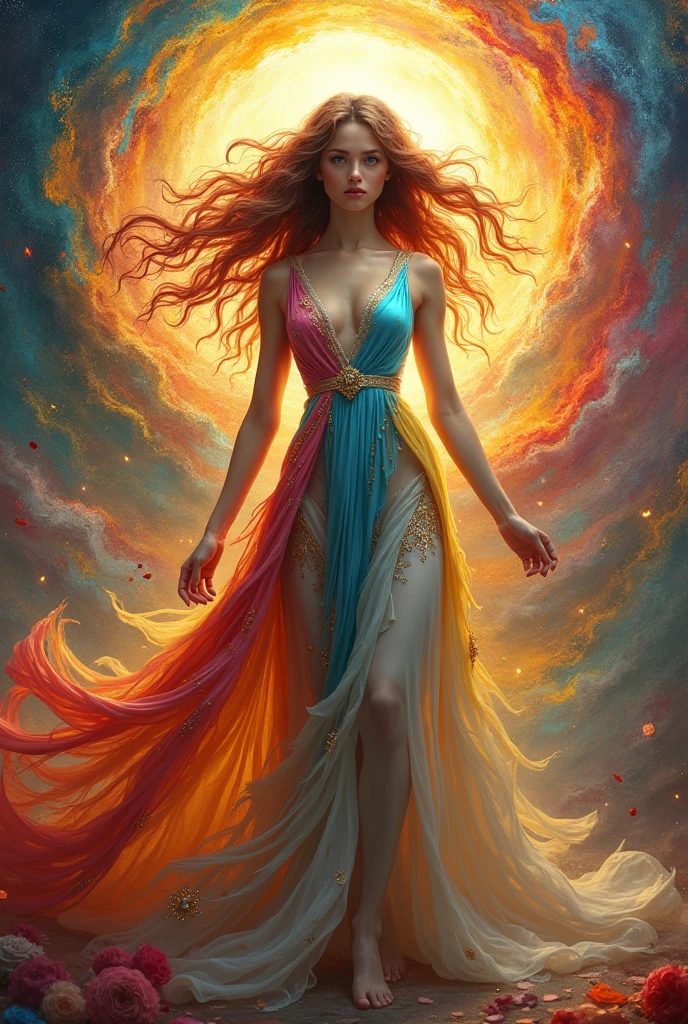 (Goddess of Art:1.4), (masterpiece:1.4, best quality), (photo realistic:1.4), ethereal and inspiring appearance, embodying creativity and beauty, dressed in flowing, artistic robes adorned with intricate patterns and colors that blend seamlessly, (hair styled like flowing brushstrokes, with vibrant hues:1.2), (((eyes reflecting the colors of a painter's palette, filled with passion and inspiration:1.2))), holding a paintbrush or palette that radiates with the colors of the rainbow, surrounded by swirling artistic elements like splashes of paint, musical notes, and sculpted forms, (background of a dreamlike studio or a cosmic canvas filled with abstract shapes and vibrant colors:1.2), (soft, warm lighting that enhances her creative aura and the dynamic art around her:1.4), (elegant and graceful pose that conveys her mastery over all forms of art:1.2), rich textures, vibrant and dynamic colors, (bold reds:1.2), (golden yellows:1.2), (deep blues:1.2), (dynamic composition with flowing lines and a sense of creativity and movement:1.2), high-quality and detailed, (awe-inspiring and imaginative atmosphere:1.2), artistic and captivating, perfect image quality, symbolizing creativity, beauty, and the limitless potential of art, captivating and inspirational presence

