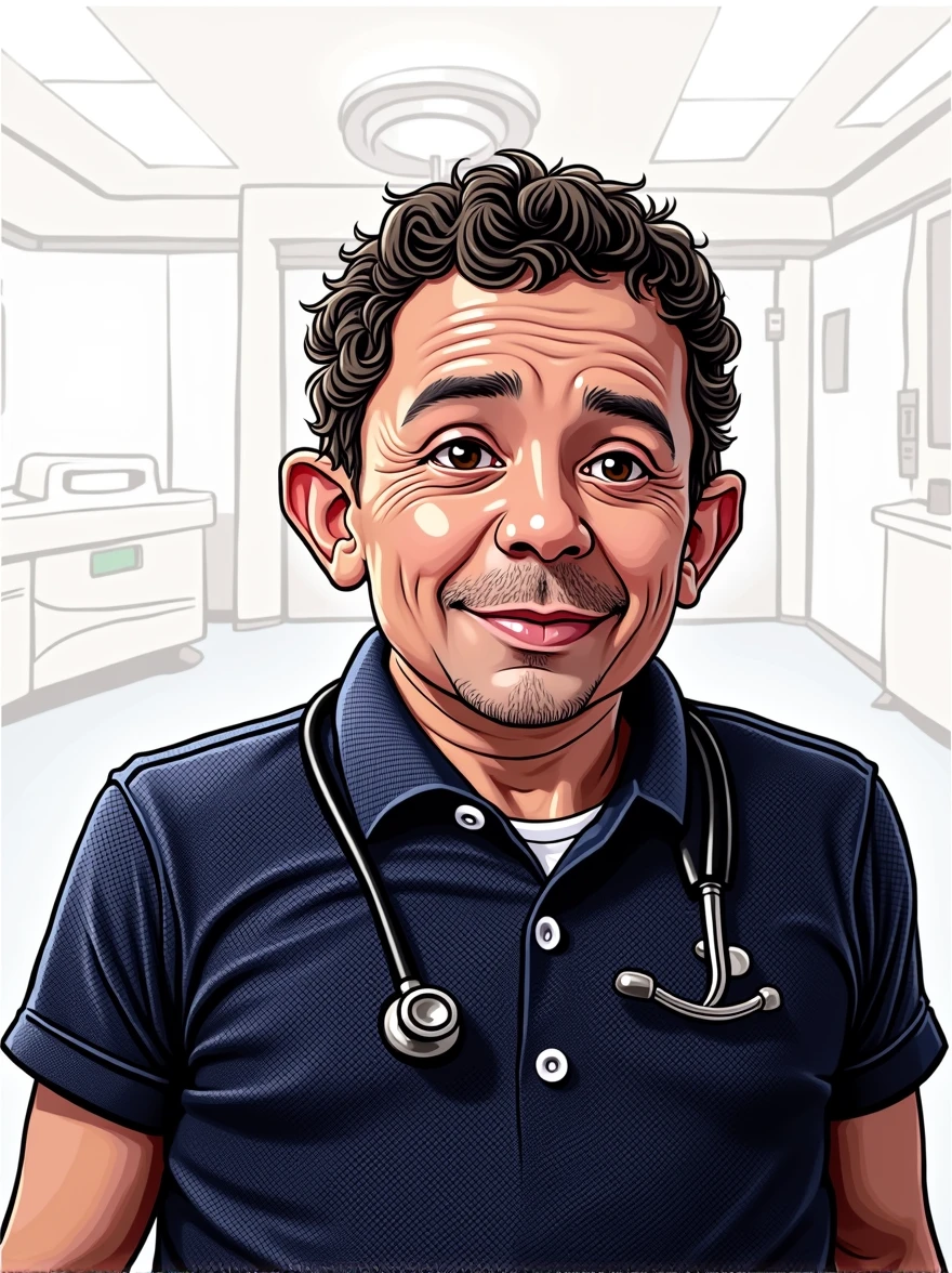 Doctor in a white coat and stethoscope in front of the operating room