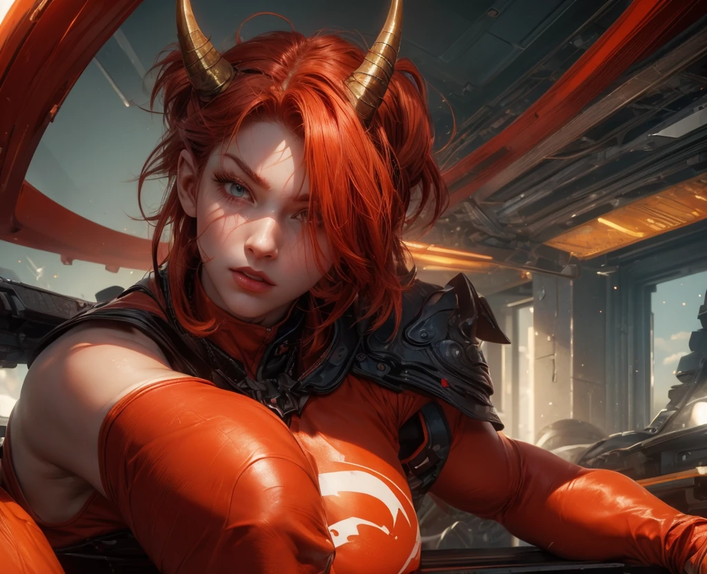 (max resolution: 1.2), (Ultra HDTV: 1.2), 8K resolution, Eye and skin detail, face detail, Body detail, Hand and foot detail, (Sharp focus: 1.2), (Precise focus) sharp face: 1.2), (((Boy))), red hair, white ponytail, 2-color eyes, 2-color eyes red and orange, honey looking into the lens, horns