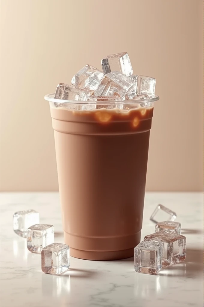 In big plastic cup, chocolate milk is fill in cup with full of crystal clear ice cube, HD, realistic, advertising, 8k