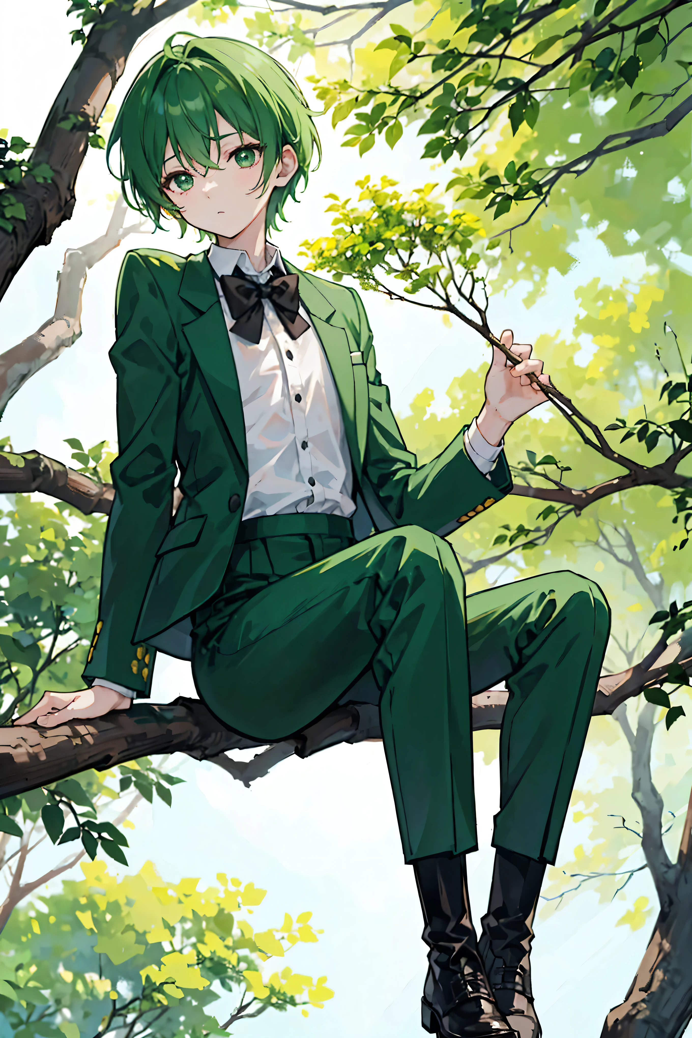 sitting on a high branch of a tree with green leaves、With short green hair、wearing a green suit jacket, a white shirt and black trousers.、He is wearing a black bow tie、Wearing brown boots、youth、
