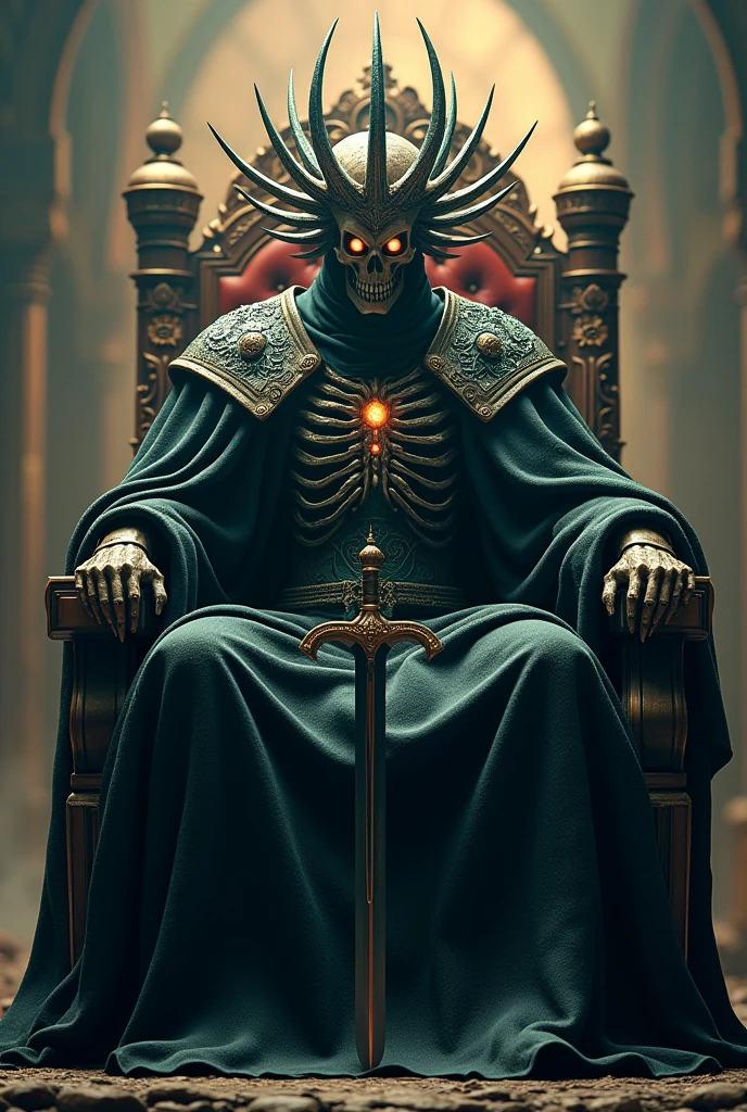 King of the Dead, sitting on the throne, King of the Dead with a crown of bones, net, black robe,  with a black blade in hand, Fantasy, dramatic photo, Dynamic photo, full body view,  Model poses, blurred background, very detailed, ultra-realistic, 8K, (realistic:1.3), Poster, complex parts, drawing \(Artwork\), ((masterpiece, Best quality)), ((cinematic light)), hyperealistic, terrifying, dark Fantasy \(style\), Detailed armor, detailed helmet, Eight hands, Eight Eyes, Horrible, scary, ugly, (dark shot:1.17), epic realistic, faded, ((neutral colors)), Art, (HDR:1.5), (muted colors:1.2), hyper-detailed, (Artstation:1.5), cinematic, warm light, dramatic light, (complex parts:1.1), complex background, (rutkowskyi:0.8), (Turquoise and orange:0.4)