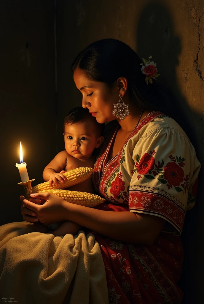 masterpiece, relist, Mexican Mayan indigenous woman, with a Mexican embroidered huipil, loving her child, and held a corn cob, sitting on a rebozo, and a candle illuminating her face, dark background, high contrast, baroque painting, Caravaggio,