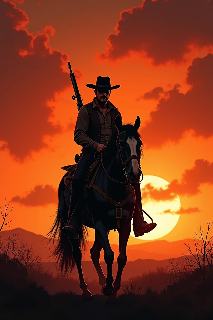 ((Best Quality)), ((masterpiece)), (detailed), Sunset background in the old west (apocalyptic), the silhouette of a cowboy in the middle with a wide-brimmed hat, mounted on a black horse with a rifle slung across his back, with short hair, lugubrious, (Highlighting the background slightly).