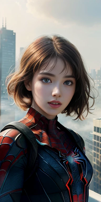 (1girl:1.3), Solo, (((Very detailed face)))), ((Very detailed eyes and face)))), Beautiful detail eyes, Body parts__, Official art, Unified 8k wallpaper, Super detailed, beautiful and beautiful, beautiful, masterpiece, best quality, original, masterpiece, super fine photo, best quality, super high resolution, realistic realism, sunlight, full body portrait, amazing beauty, dynamic pose, delicate face, vibrant eyes, (from the front), She wears Spider-Man suit, red and black color scheme, spider, very detailed city roof background, rooftop, overlooking the city, detailed face, detailed complex busy background, messy, gorgeous, milky white, highly detailed skin, realistic skin details, visible pores, clear focus, volumetric fog, 8k uhd, DSLR, high quality, film grain, fair skin, photo realism, lomography, futuristic dystopian megalopolis, translucent