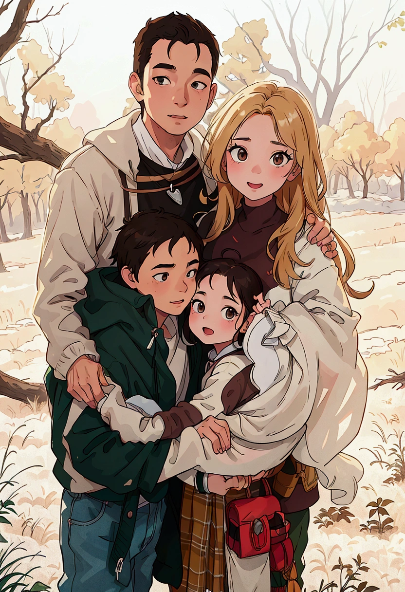 (best quality:0.8) perfect anime illustration, a family poses for a photo in the woods with their son and daughter, family photography, happy family, family photo, by Kristin Nelson, family portrait, katey truhn, husband wife and son, transparent background, full protrait, portrait of family of three, 🤬 🤮 💕 🎀, jenna barton, carson ellis, mixed art, untitled
