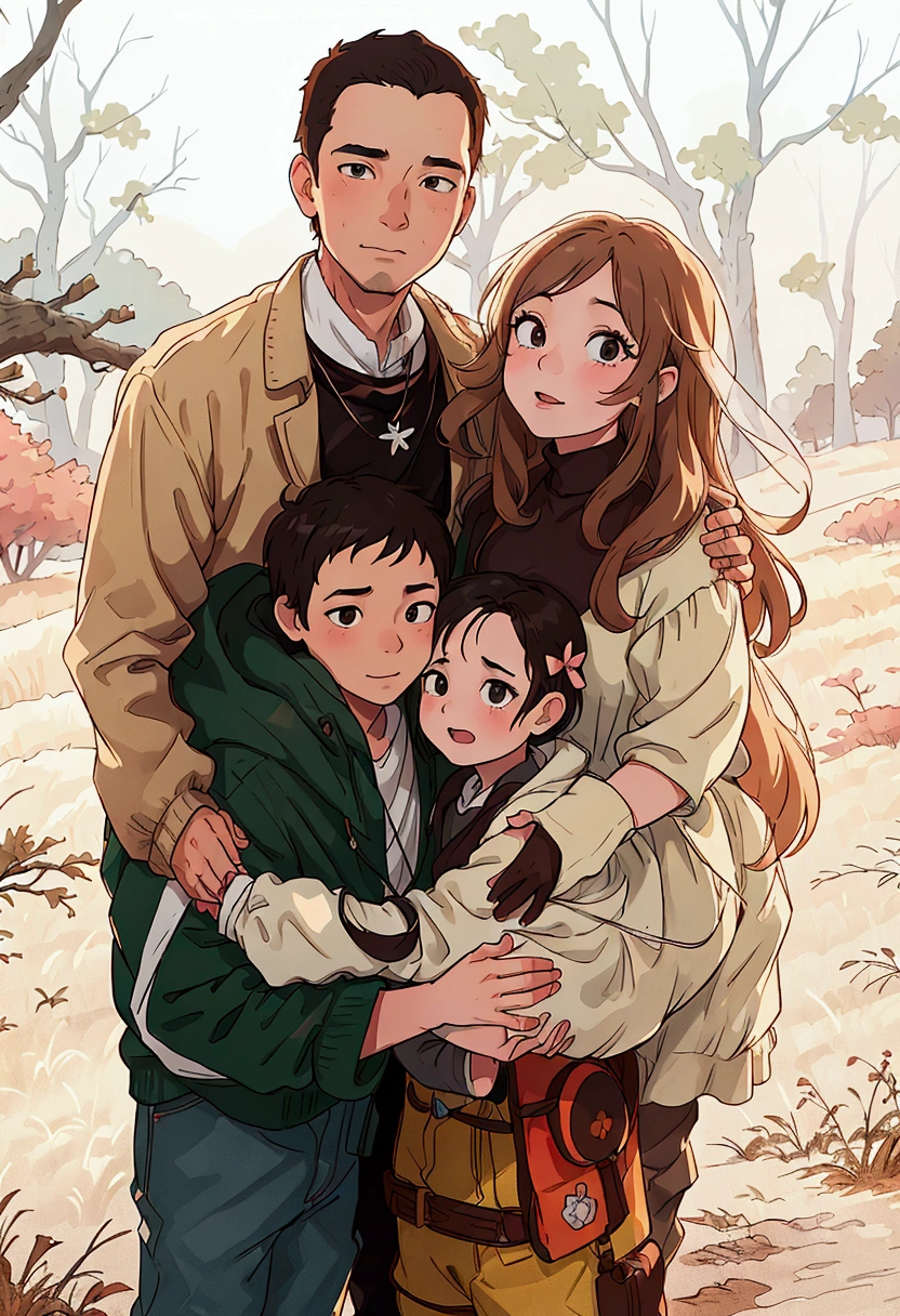 (best quality:0.8) perfect anime illustration, a family poses for a photo in the woods with their son and daughter, family photography, happy family, family photo, by Kristin Nelson, family portrait, katey truhn, husband wife and son, transparent background, full protrait, portrait of family of three, 🤬 🤮 💕 🎀, jenna barton, carson ellis, mixed art, untitled