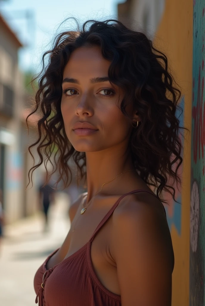 Create a realistic 4k style scene of a beautiful 30 year old woman, with features similar to Aleisha Allen, looking forward, a serious but elegant face, tanned skin color, oval face shape, slightly with dark circles and slightly drooping upper eyelid, Wide nose, punta de la nariz slightly drooping, Slightly marked nasolabial folds, thick lips like a black woman, corner of the mouth ,slightly drooping, extremely small natural breasts, full body photo, height 167 cm tall, with casual clothes, street in the city of Quito Ecuador, (very detailed skin:1.2), 8k hd, DSLR, Soft lighting, high quality, film grain, Fujifilm XT3