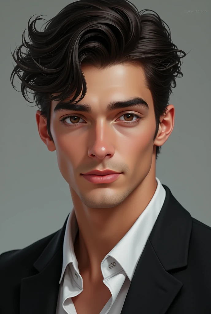 Create a young and handsome guy, elegant, black hair, wavy hair, Brown eyes, marked jaw, height of 1.80,19 years,con brackets,beautiful and detail-oriented smile.