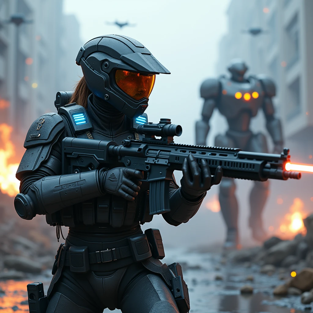 A futuristic Unified European Army mechanized infantry female soldier fighting on a world war 3 urban battlefield, she is wearing a Sci-fi heavy armored uniform with full futuristic combat gear and coms, (She is holding a futuristic plasma mega pulse heavy sci-fi automatic machine gun with laser aiming device, Gears of War vibes ) , a heavy mecha robot is in the background providing missile and machine gun support fire to the mechanized infantry. Some futuristic drones are flying around while explosions and smoke can be seen in the background. The battlefield is chaotic and deadly with visible casualties ( blue and orange lights on weapon and uniform)