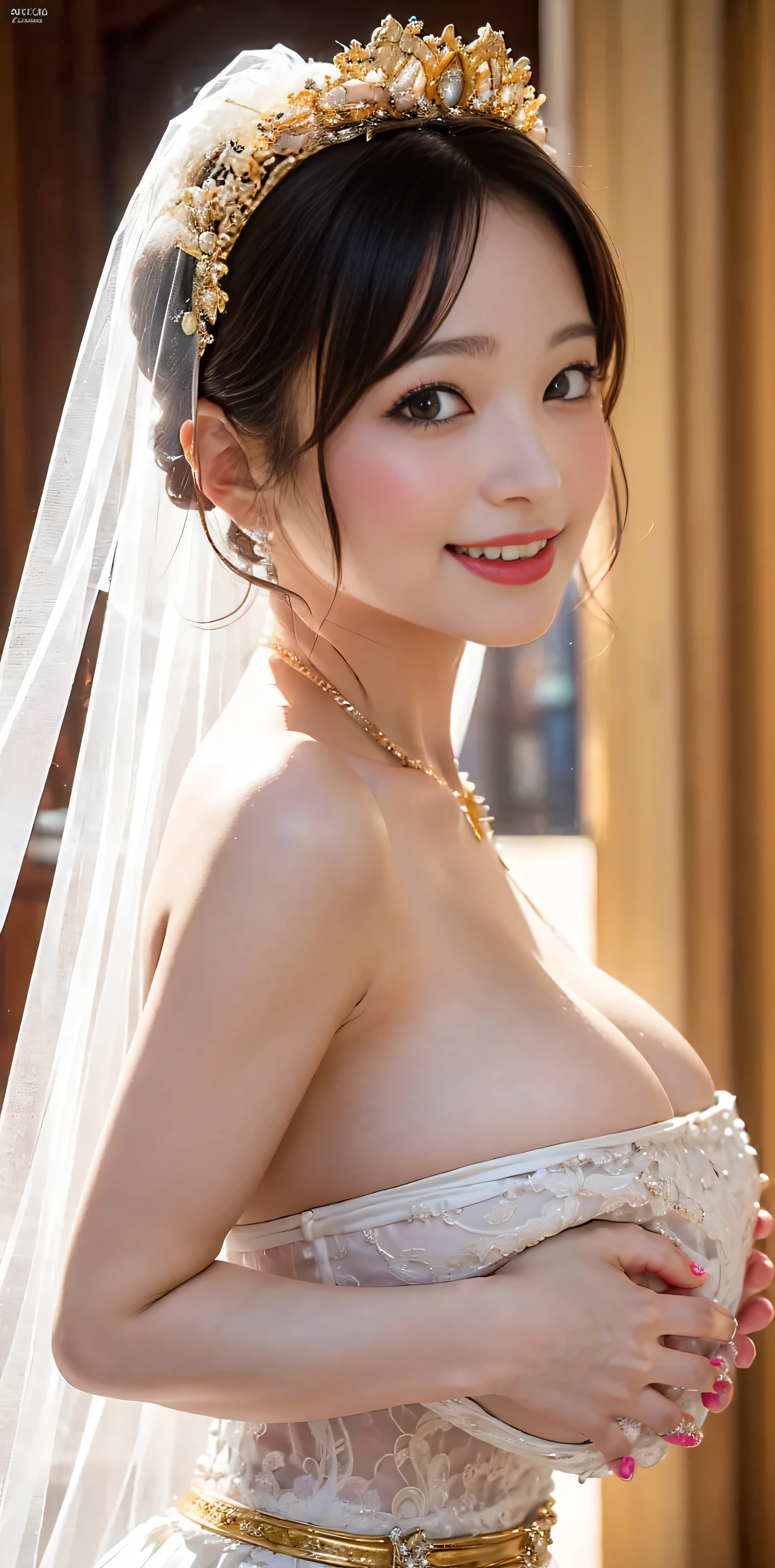 ((RAW images)),(Tabletop),(Highest quality, Realistic, In detail, High resolution, 8k wallpaper),(Super Detail),((Very delicate and beautiful)),Focus on the characters,Dynamic Angle,looking at onlookers with an intensely lewd gaze,((alone)),Are standing,((Extremely obscene whole body)),((a princess wearing a wedding dress that's a gorgeous evening gown with voluminous skirts)),((Beautiful bride with a mischievous smile)),Detailed, Big smile and eyes,Jewel-like eyes,((Very long and voluminous hair)),Gorgeous embroidery and lace,((Gorgeous corsage)),See through,(Gorgeous Jewelry Ornaments),Luxury Hair Accessories,Gorgeous jeweled tiara,Gorgeous frills,((Very lewd face and huge breasts)),indoor,extremely obscene church wedding,((Extremely obscene whole body)),Hoop skirt,crinoline,very long wedding veil,(((a mix of a bejeweled wedding dress and a luxuriously embroidered rococo ball gown))), (((Very obscene and huge breasts bigger than her face.:1.99))), ((Beautiful golden ratio obscene face)), ((Little beautiful bride, Very naughty wedding dress。It's so obscene that it attracts attention from those around you.。.)),((((Extremely accurate anatomy)))),