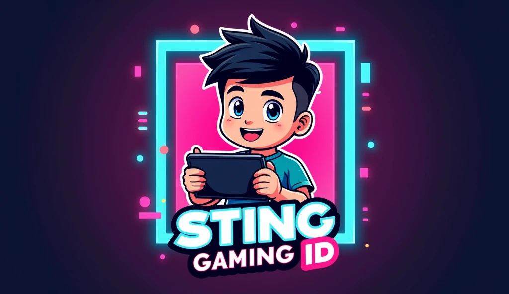 Logo modern dengan elemen kreatif disertai frame dan background warna neon, dengan maskot kartun anak laki-laki china, model rambut undercut hitam, memakai kaos, sedang bermain game di handphone miring dan dengan tulisan 'STING GAMING ID'.