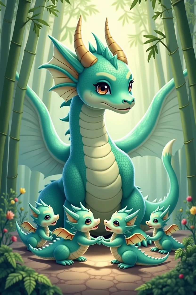 A tiffany green dragon,huge,on the ground,Several little dragons held hands with him,Little Dragon has different colors.,Exquisite,cute style,background chinese style,forest