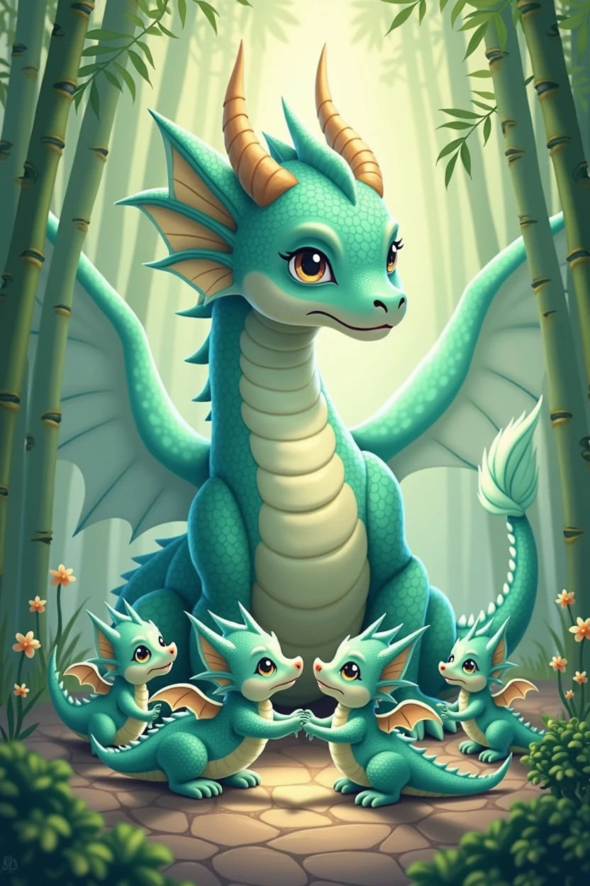 A tiffany green dragon,huge,on the ground,Several little dragons held hands with him,Little Dragon has different colors.,Exquisite,cute style,background chinese style,forest
