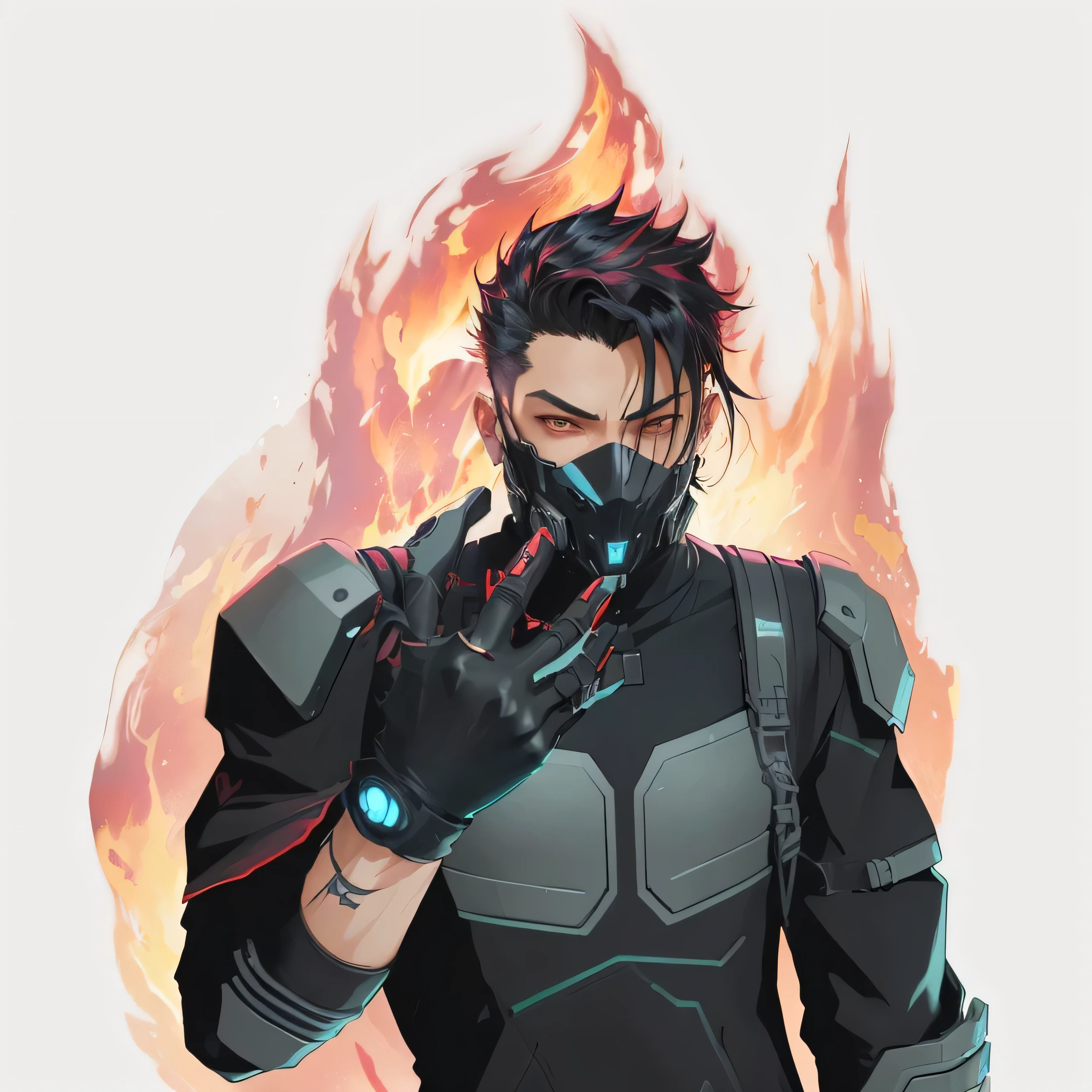 There's a man in a black suit with a red eye, trigger anime art style, Handsome boy in Demon Slayer art, valuing character, valorant jett, omen from valorant, high resolution commission, Cyberpunk flame suit, Cyberpunk character, anime style character, vibrant fan art, fire!! Whole body, Cyberpunk hero, unknown art style