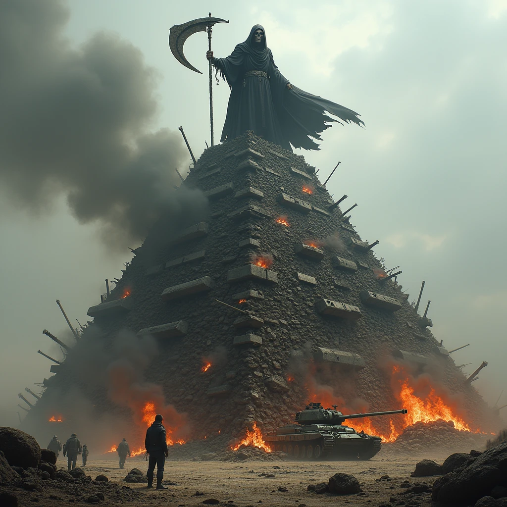 A pyramid made up of tanks and other broken burning weapons, and above this pyramid rises Death with a scythe..