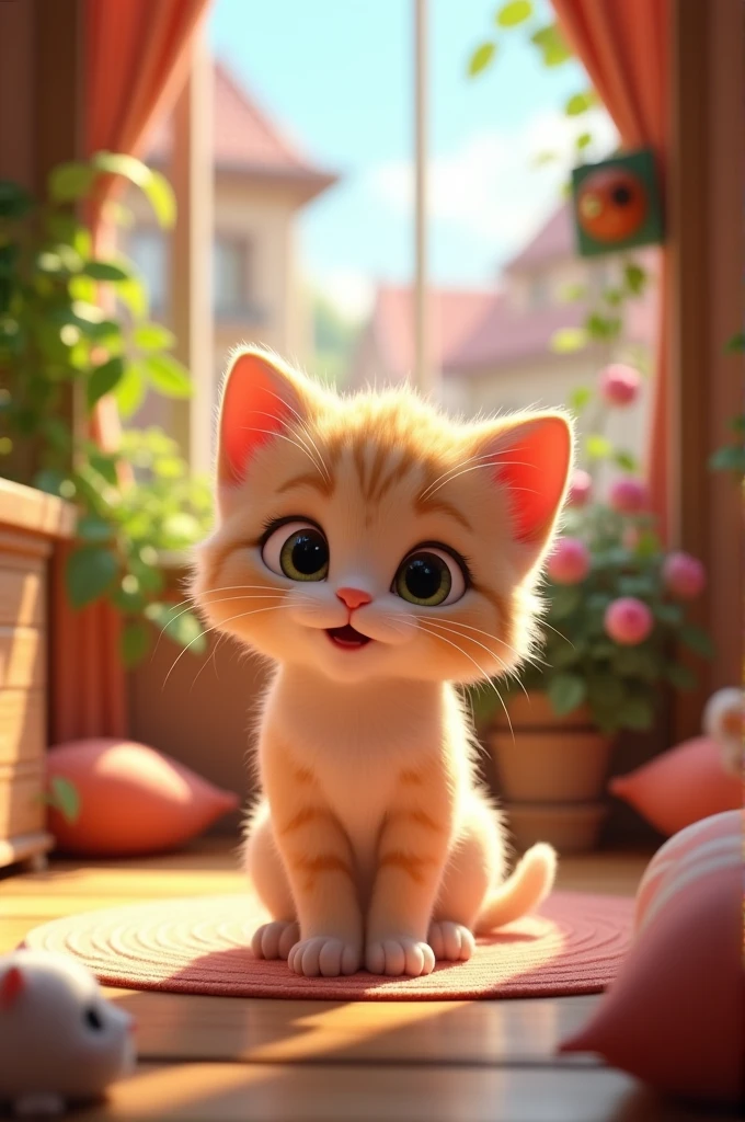 In cinematic 3d cartoon character,"In a lovely house in a small village, there lived a lovely kitten named Minnie. Everyone liked her innocence and playfulness."
