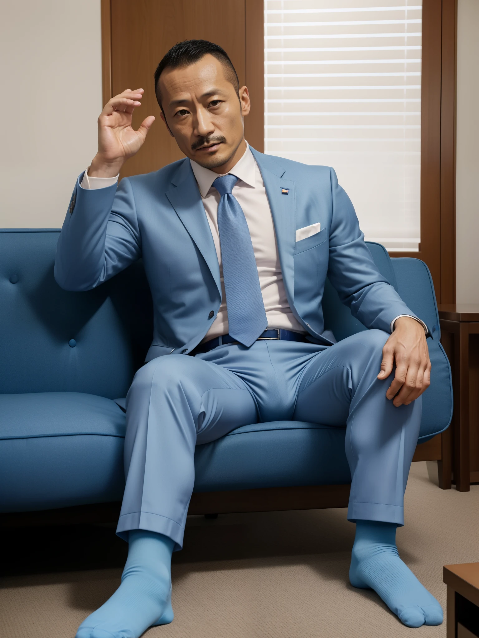 40 years old,Hidetoshi Nakata,(Kogoro Mori 1.3),whole body,Lean,muscle,office,Light blue socks,Suit,Feet raised,sofa,Baldhead ,transparent,Thick body hair,underwear,Topless,Densely hairy,Fortitude,HD,With a mustache