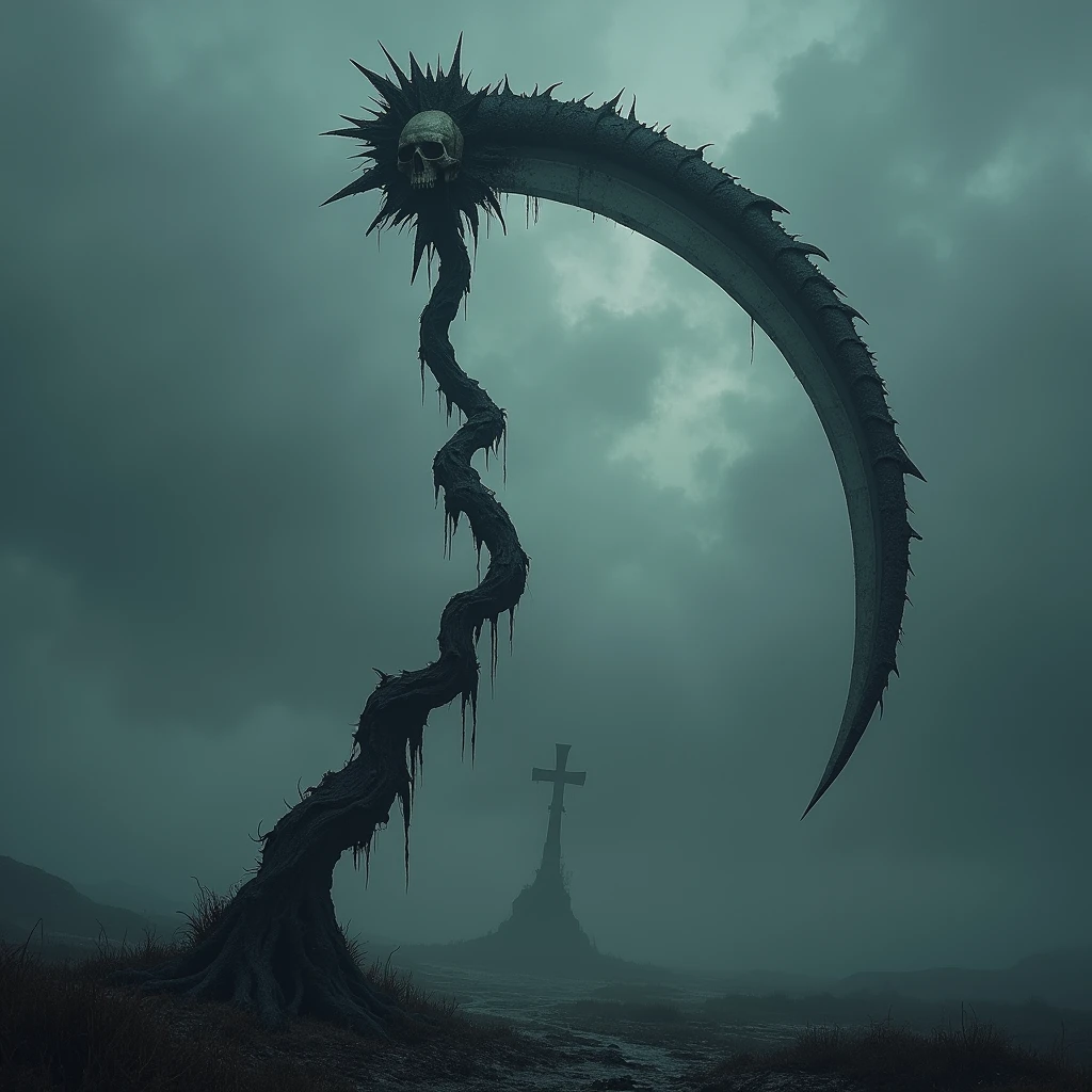 (Giant death scythe), Dark Fantasy, Overcast, Mystical, Ambient Occlusion, Desaturated, Achromatic. Beautiful cinematic lighting, surreal, RAW photo, color graded, captivating chiaroscuro, dynamic movement, full body, award-winning, cinematic still, emotional, vignette, dynamic, vivid, (masterpiece, best quality, photorealistic, Professional, perfect composition, very aesthetic, absurdres, ultra-detailed, intricate details:1.3)