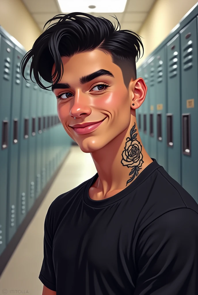 A 2D drawing of a young American man from the waist up, in the hallway of an American school filled with lockers. short straight black hair, modern updo short hair. very black eyes and long dark eyelashes, Curvilinear, straight eyebrow. A smirk playing on his lips, but playfully. straight snub nose, sharp, masculine jawline, Caucasian skin, but with a slight tan under his eyes and nose. Fine and square lips. Tem um piercing labret na boca, right side. a tattoo on the side of his neck of a black and white rose. athletic and defined body. suntanned, square waist. He wears a black Calvin Klein t-shirt. Similar to Shawn Mendes.