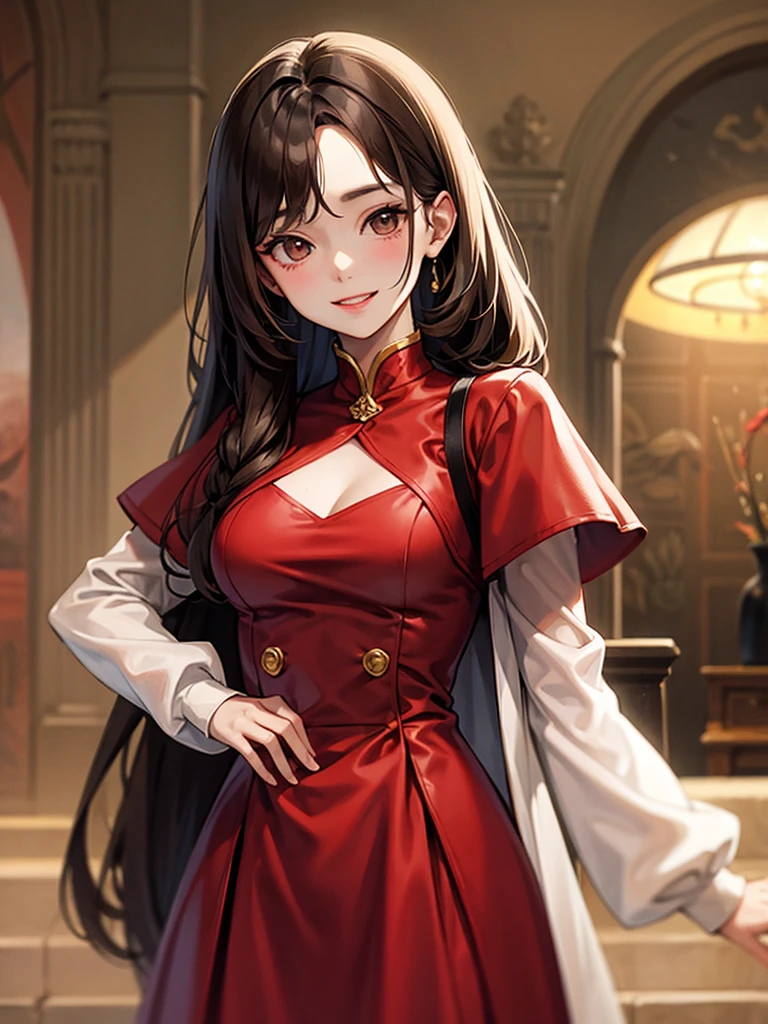 ((Highest quality)), ((masterpiece)), (detailed)、((Female))、Brown Hair、Brown eyes、The background is a field、Neat and clean young woman、Red dress、Slightly droopy eyes、smile、Perfect body