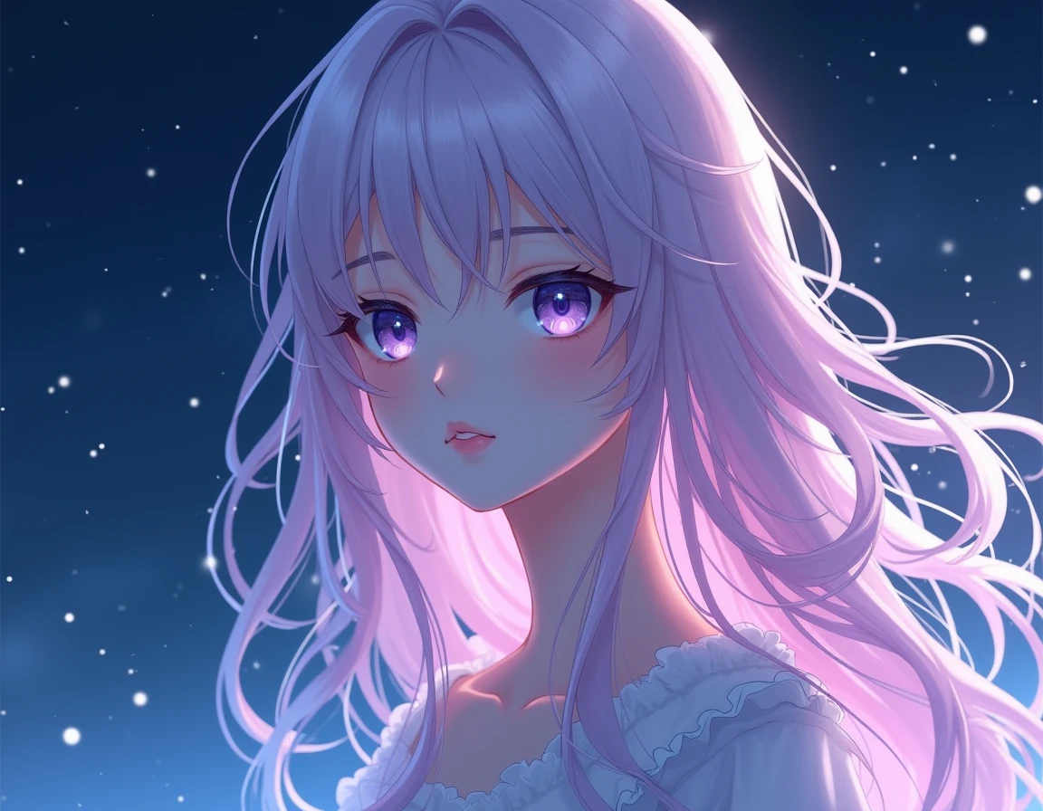((masterpiece,best quality)),(Negative Space:1.4),(1 Girl, Solitary:1.4),Beautiful and delicate eyes,Flowing pale pink and lilac hair, Lavender-colored eyes, night, Starry Sky, The stars shine