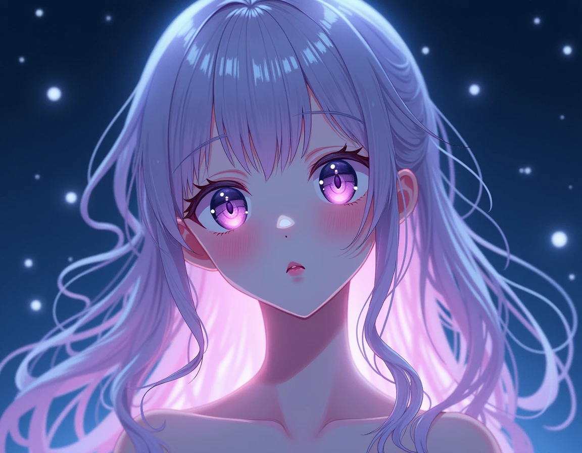 ((masterpiece,best quality)),(Negative Space:1.4),(1 Girl, Solitary:1.4),Beautiful and delicate eyes,Flowing pale pink and lilac hair, Lavender-colored eyes, night, Starry Sky, The stars shine