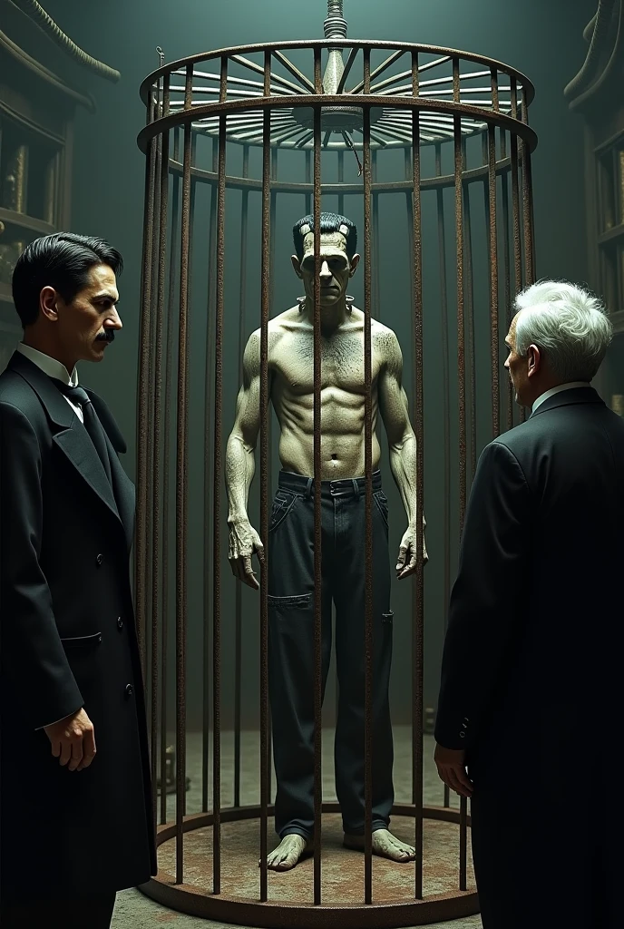 Make a picture of Frankenstein without clothes in a cage ,Nikola Tesla with a black mustache is outside. , Michael Faraday com o cabelo branco,Nikola Tesla asks where Galvani is 