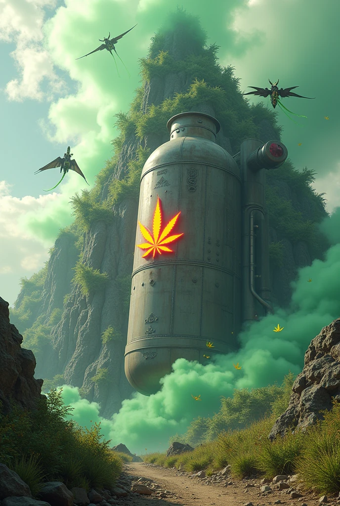 Imagine une scène épique et surréaliste où une **mécha bouteille de gaz** domine l’avant-plan. Cette mécha est massive, métallique et futuriste, avec des détails industriels tels que des rivets, des tuyaux et des joints articulés. Sur le devant de la bouteille, un **logo de cannabis** brille intensément avec des couleurs RGB, alternant entre des teintes de vert, rouge, et bleu, créant un effet de néon lumineux qui contraste avec l’aspect froid et mécanique de la mécha.
Derrière cette bouteille de gaz se trouve une **montagne imposante faite entièrement de fleurs de cannabis**. Les nuances de vert dominent, mais on peut également apercevoir des touches de violet et de doré, capturant la diversité des variétés de cannabis. Cette montagne semble organique et vivante, les fleurs sont denses et parfumées, formant une texture riche et luxuriante.
Au-dessus de la mécha bouteille, le ciel est animé par un **escadron de joints volants**. Chaque joint est équipé de **ailes mécaniques** et de **réacteurs**, leur permettant de survoler la scène comme lors d’un défilé aérien du 14 juillet. Les joints laissent derrière eux des **traînées de fumée verte**, symbolisant la vapeur de cannabis, et cette fumée est parsemée de **petites fleurs** et de **feuilles de cannabis** qui tourbillonnent doucement, ajoutant une touche poétique à la scène.
L’ensemble de la composition donne une impression de puissance, de liberté, et d’union entre le monde mécanique et la nature, avec un clin d'œil audacieux à la culture du cannabis.
