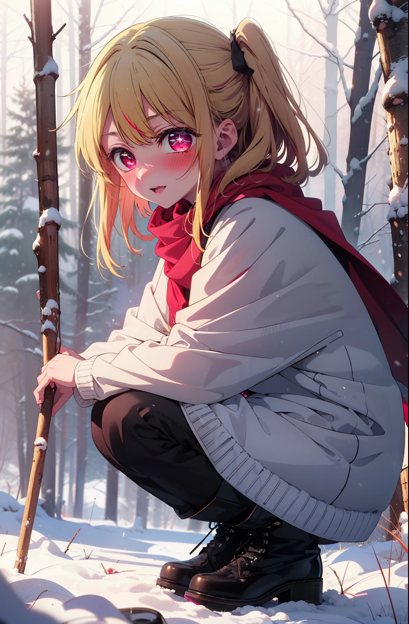 rubyhoshino, Hoshino Ruby, Long Hair, bangs, blonde, (Pink Eyes:1.3), (Symbol-shaped pupil:1.5), Multicolored Hair, Two-tone hair, smile,blush,white breath,
Open your mouth,snow,Ground bonfire, Outdoor, boots, snowing, From the side, wood, suitcase, Cape, Blurred, , forest, White handbag, nature, Squat, Mouth closed, Cape, winter, Written boundary depth, Black shoes, red Cape break looking at viewer, Upper Body, whole body, break Outdoor, forest, nature, break (masterpiece:1.2), Highest quality, High resolution, unity 8k wallpaper, (shape:0.8), (Beautiful and beautiful eyes:1.6), Highly detailed face, Perfect lighting, Extremely detailed CG, (Perfect hands, Perfect Anatomy),