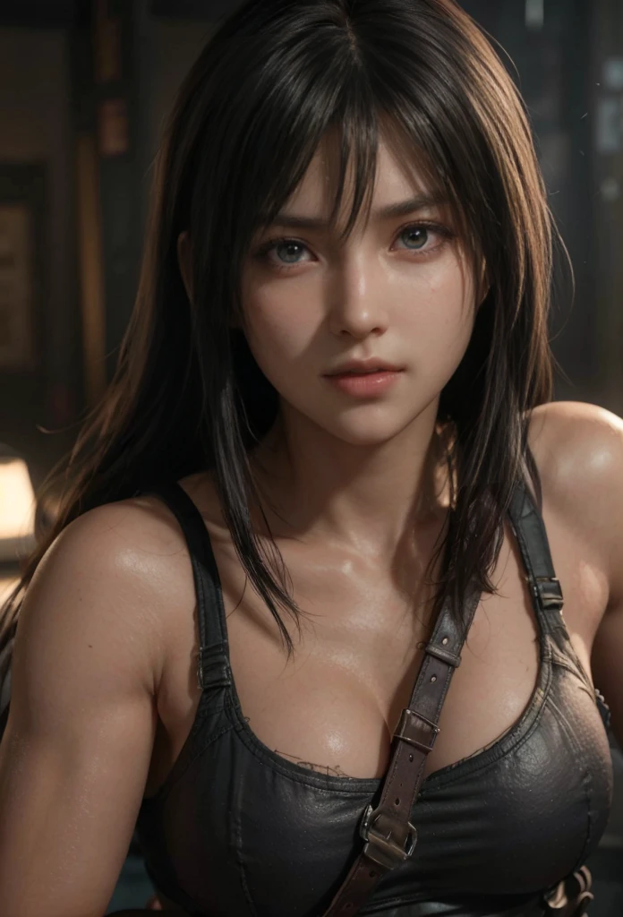 tifa lockhart, (best qualityer,ultra detali,realisitic:1.37),beautifull detailed face,perfect symmetry,perfectly shaped body,perfect make-up,bright coloured,studio lighting