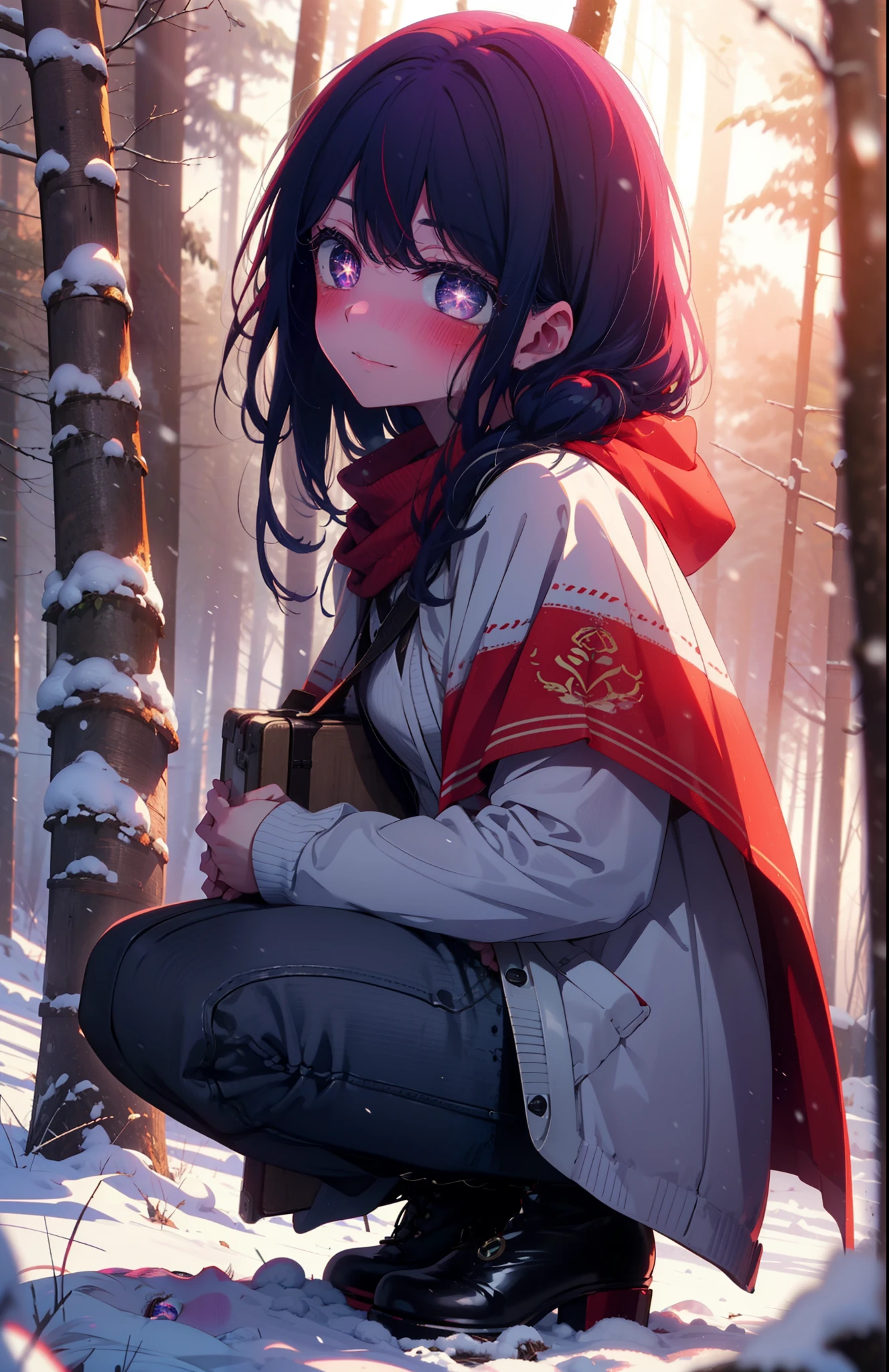 aihoshino, Ai Hoshino, Long Hair, bangs, (Purple eyes:1.1), Purple Hair, (Symbol-shaped pupil:1.5), smile,,smile,blush,white breath,
Open your mouth,snow,Ground bonfire, Outdoor, boots, snowing, From the side, wood, suitcase, Cape, Blurred, , forest, White handbag, nature, Squat, Mouth closed, Cape, winter, Written boundary depth, Black shoes, red Cape break looking at viewer, Upper Body, whole body, break Outdoor, forest, nature, break (masterpiece:1.2), Highest quality, High resolution, unity 8k wallpaper, (shape:0.8), (Beautiful and beautiful eyes:1.6), Highly detailed face, Perfect lighting, Extremely detailed CG, (Perfect hands, Perfect Anatomy),