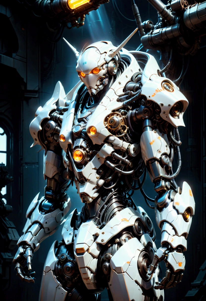 Giant Weapon, a massive futuristic mecha robot, highly detailed mechanical parts, intricate gears and pistons, glowing energy core, dramatic pose, cinematic lighting, sci-fi atmosphere, metallic sheen, depth of field, 8k, concept art style, masterpiece, best quality, very aesthetic, absurdres