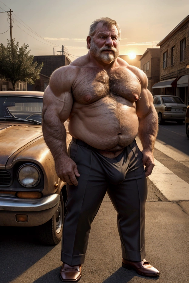 (Age 60, White Man, Sheriff, Horny yet Disgusting, Muscular and Chubby, Kind, Mature Daddy, Dress Pants, Hairy Chest and big hairy belly with small sticking out nipples, Noticeable Bulge, Loafer) A 60-year-old white man, with a sturdy build, parked his classic sheriff's car on the deserted street. His weathered face bore the creases of time, yet his muscles, though chubbier than before, were still noticeable. The sun set behind him, casting long shadows, but the kind twinkle in his eyes remained undimmed.