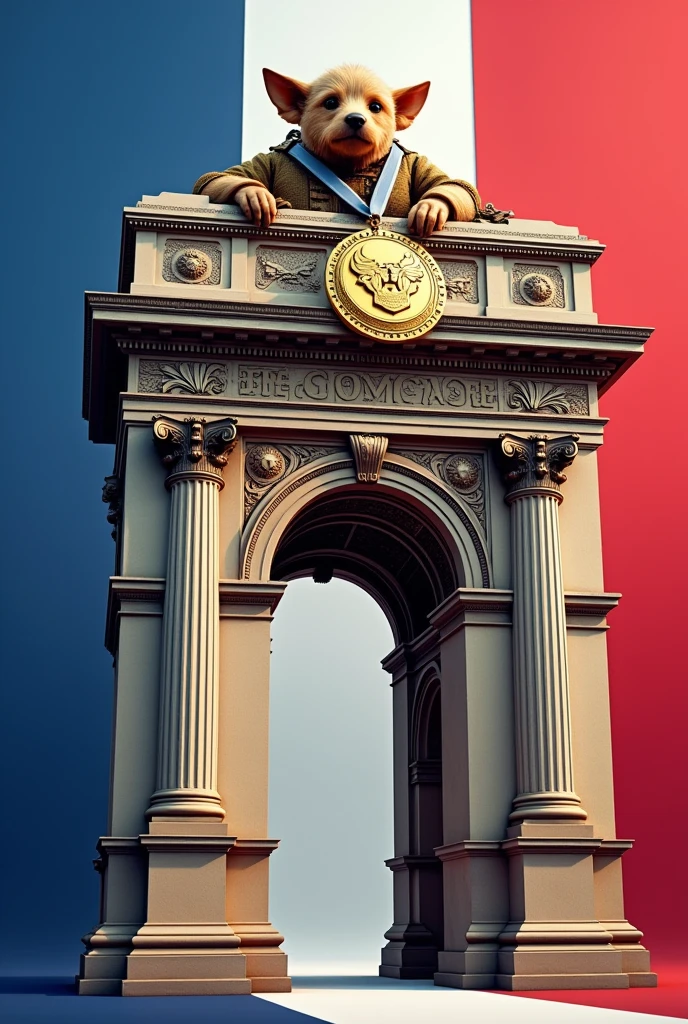 Create the Arc de Triomphe as a character, with eyes and mouth, with shoes, so majestic, with the gold medal from the 2024 Paris Olympics, and the background of the image the colors of the French flag