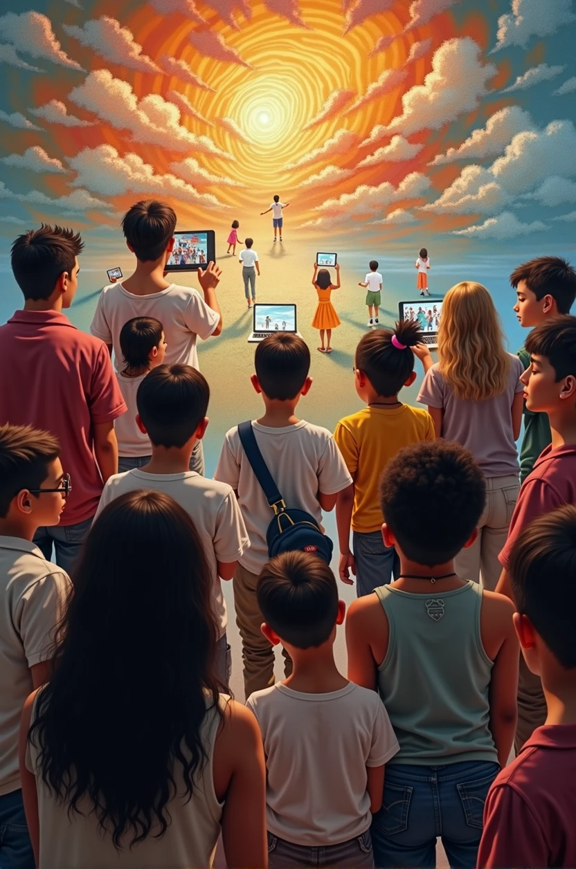 Various people around the world viewing and admiring Mousumi’s paintings online, showcasing diverse reactions of appreciation.