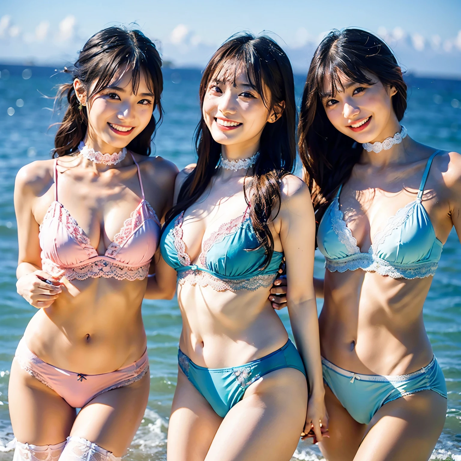 (A close-up photo of two Japanese idols), 20-years-old, (standing closely), (In the sea), (in the morning), (All smiling), (All looking at the camera), best quality, masterpiece, (Wearing pastel-colored embroidered lacy lingerie with detailed floral pattern), (panties and stockings), (choker), ((Double eyelids)), Bangs down, Hair tied-up, earrings, ((Big beady eyes))