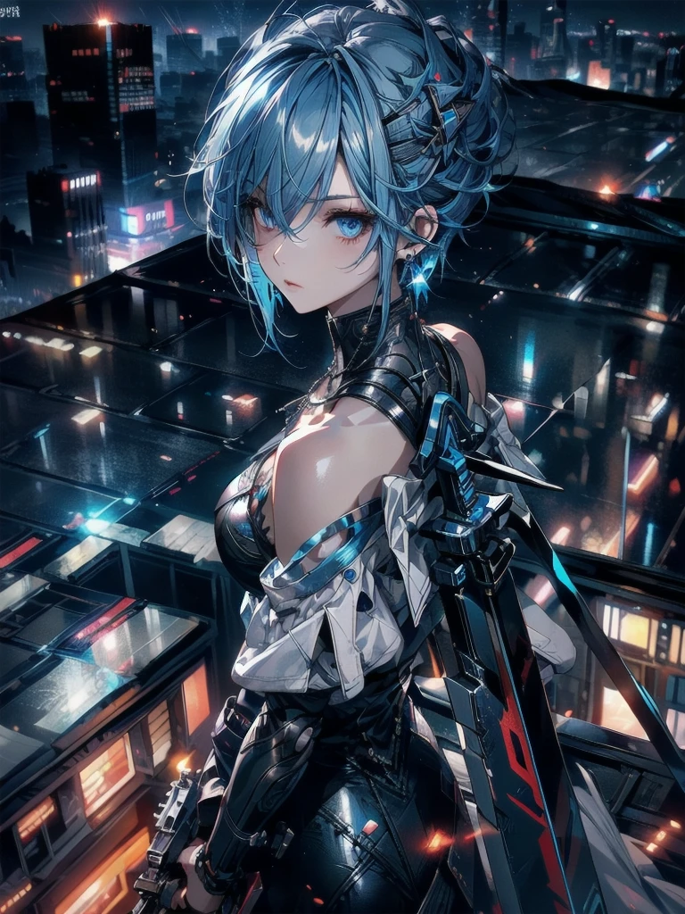 absurdes, RAW Photos, Very delicate and beautiful, masterpiece, Highest quality, Ultra-high resolution, 32K, surreal, Very detailed, cyberpunk world、20-year-old, Delicate facial features,, Earrings, Medium chest, Full Body Shot, Shorten the middle part of the hair, Beautiful Blue Hair, , short Hairstyles、Cyber Tech Suit with realistic texture、The fabric is thin,City background.(night、Rooftop of a burning building:1.5)
Hair in front of eyes, Blue Hair/Light blue hair, Hair that falls over the shoulders, (Carrying a weapon、have a weapons:1.2)(Silver Necklace)